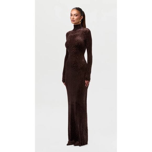 Naked Wardrobe Burnout Print Turtleneck Maxi Dress Leopard Dark Chocolate XL - Picture 3 of 4